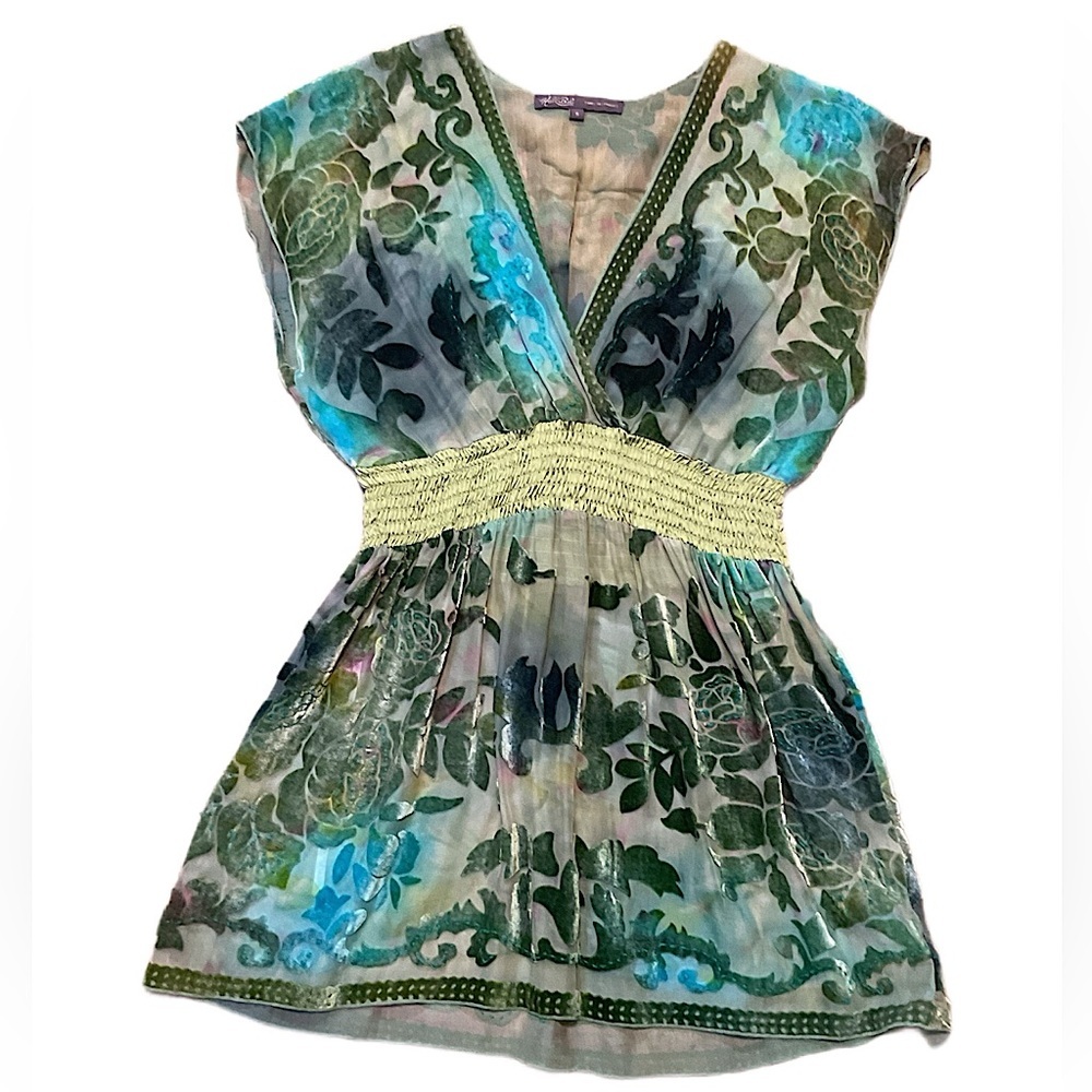 Vintage Y2K sheer silk Floral V-Neck Tunic with Green Accents top